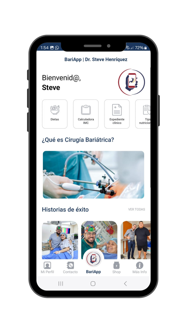 Pantalla de inicio de Bari App con accesos a dietas, calculadora de IMC, expediente clínico e historias de éxito