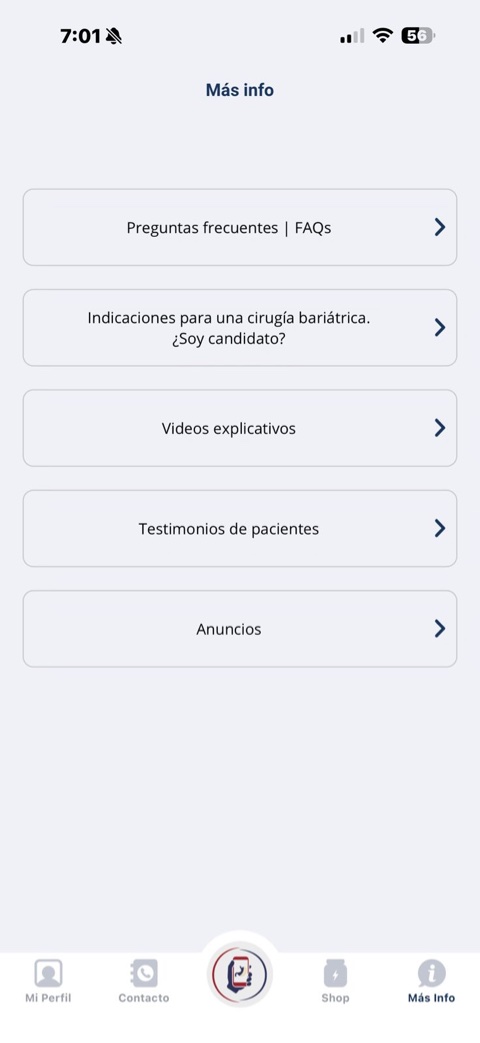 Pantalla «Más info» de Bari App: preguntas frecuentes, indicaciones para una cirugía bariátrica, videos explicativos, testimonios de pacientes y anuncios